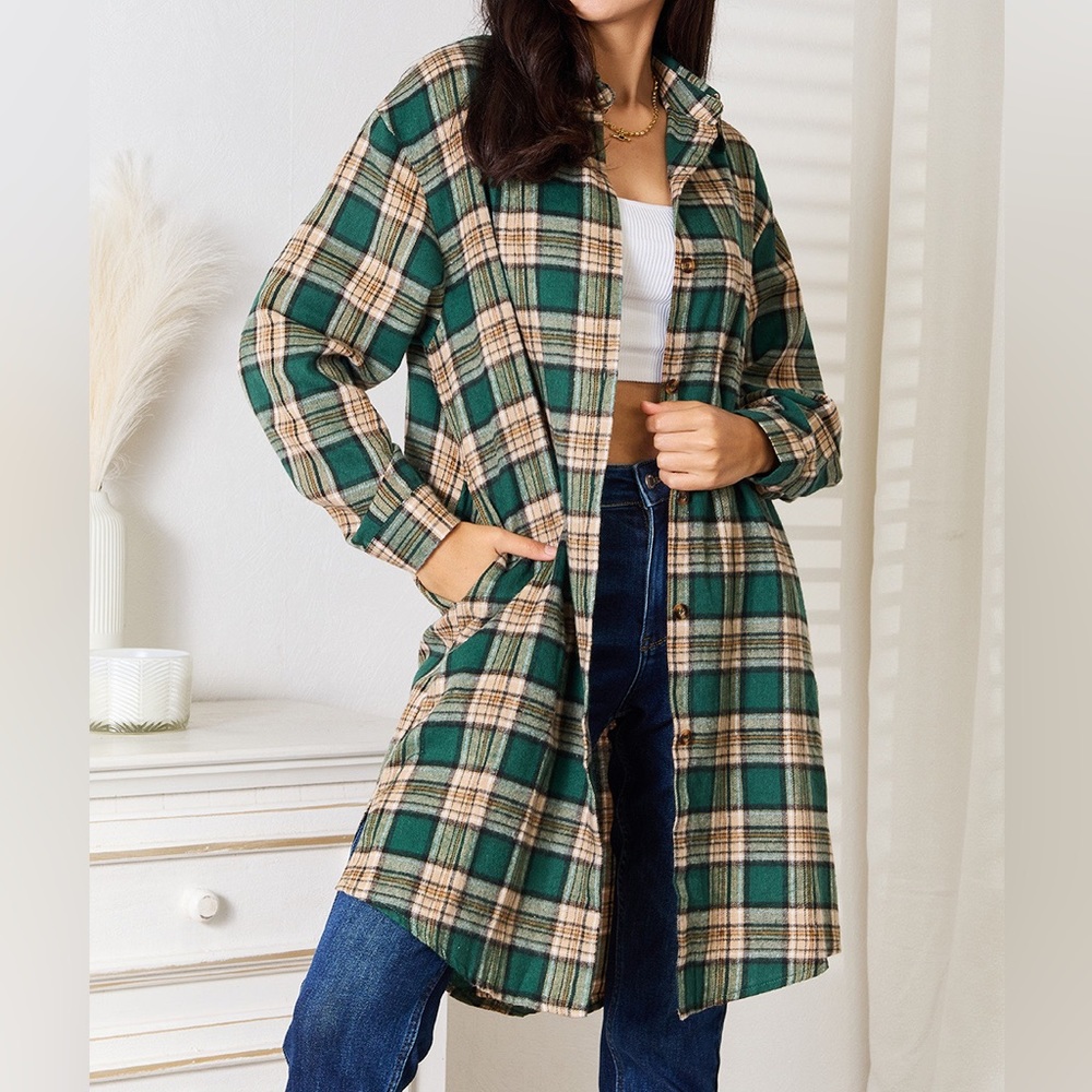 NEW Double Take Plaid Flannel Collared Neck Oversized Longline Button Down Shirt